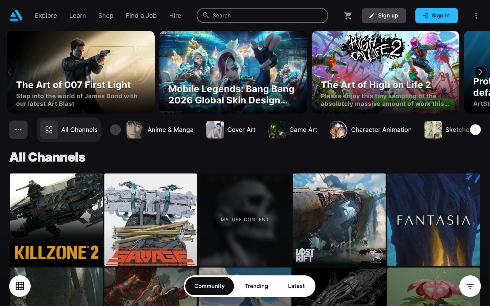 Screenshot of the ArtStation homepage with featured art blasts, channel filters such as Game Art and Character Animation, and a grid of community artwork