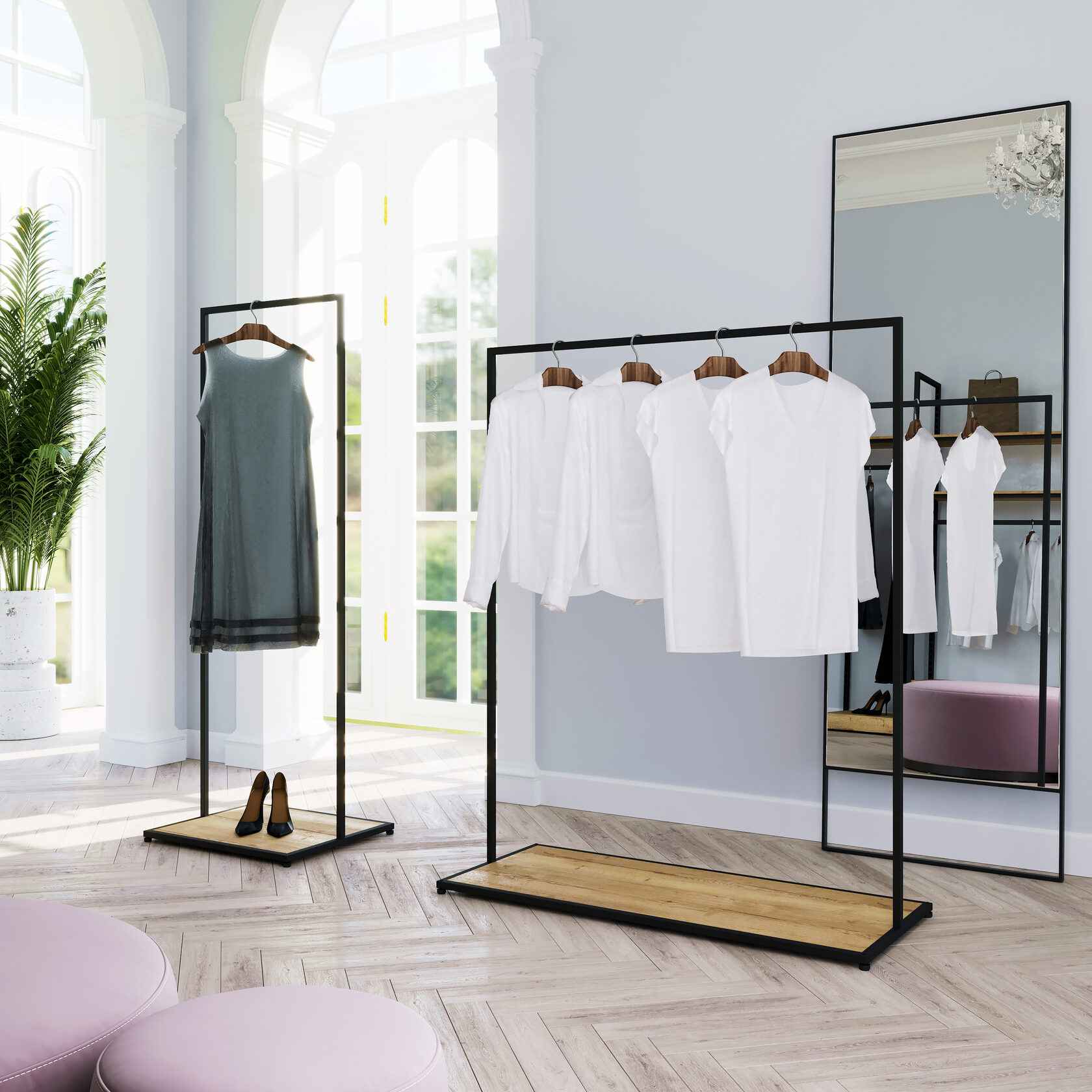 Вешалка стойка для одежды с деревянным основанием