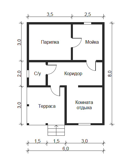 Проект бани с туалетом и комнатой отдыха из газобетона