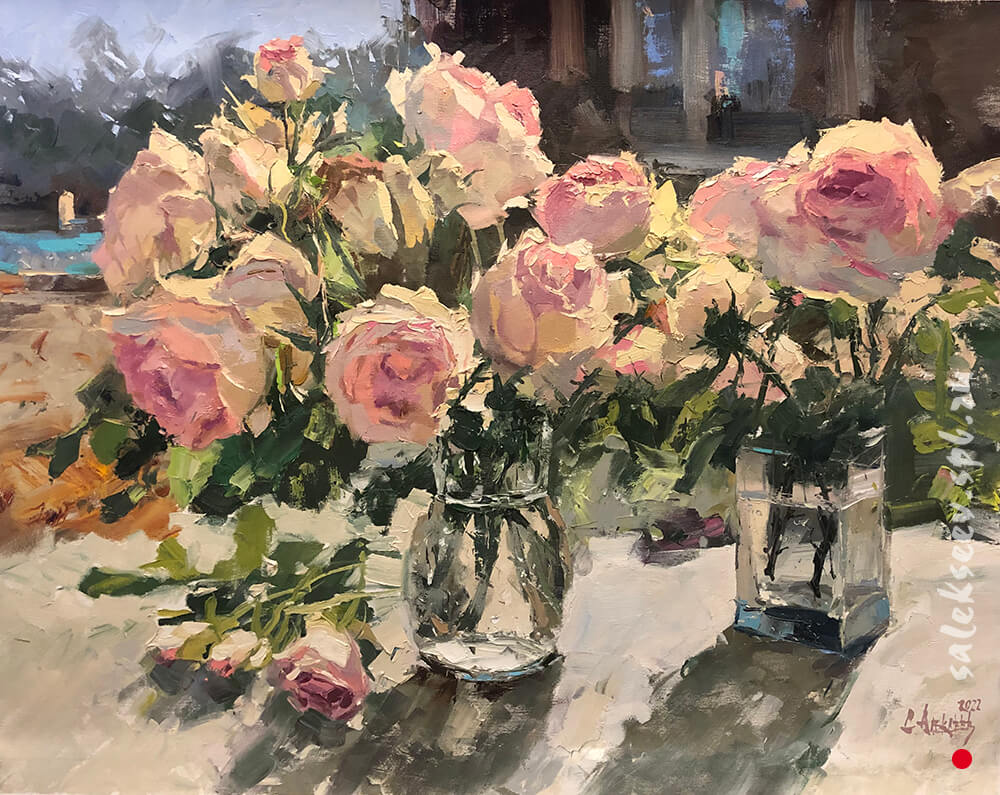 Roses in the glass. 2022. Oil on canvas, 60x80 cm
