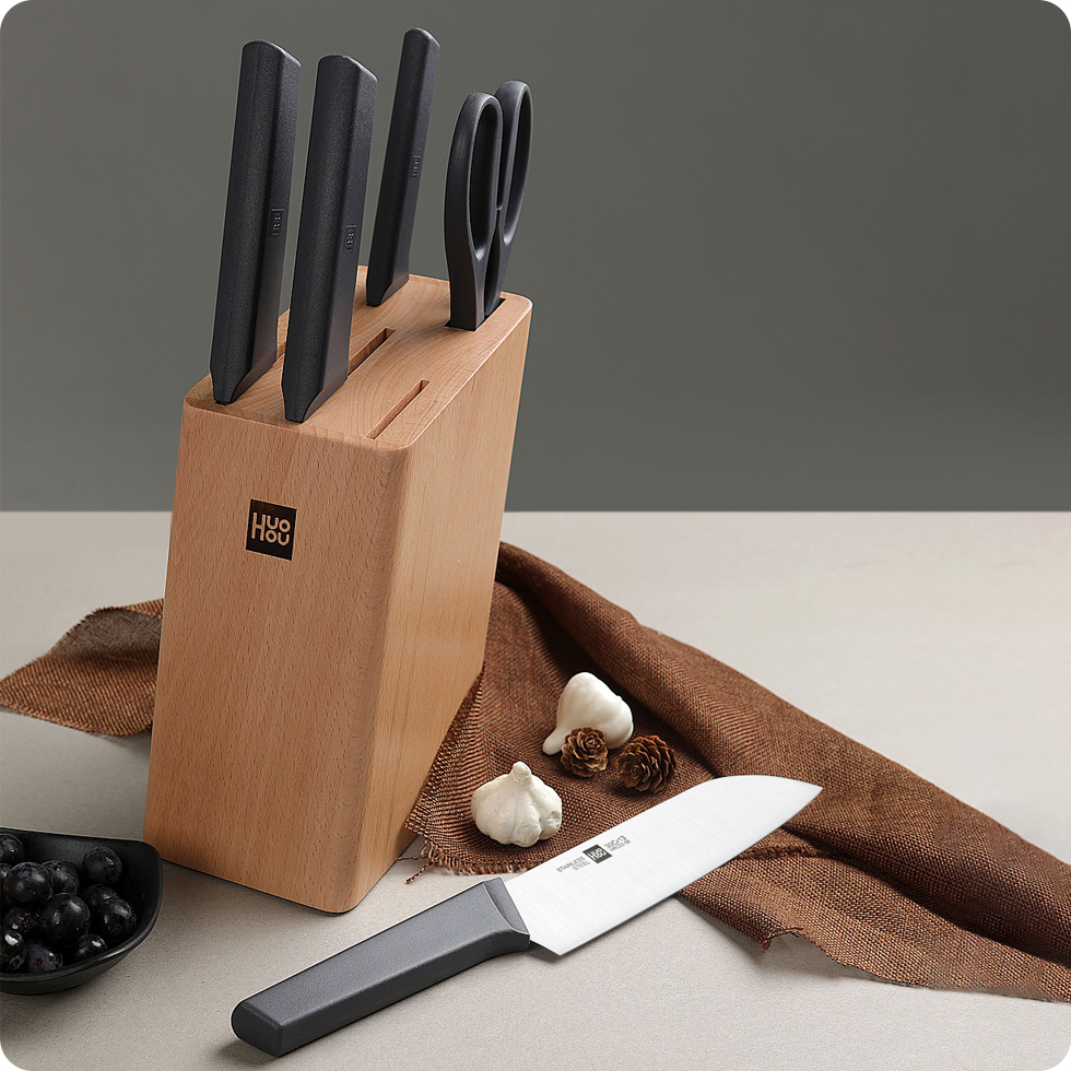 Набор ножей xiaomi huo hou fire kitchen steel knife set с подставкой 6 предметов обзор