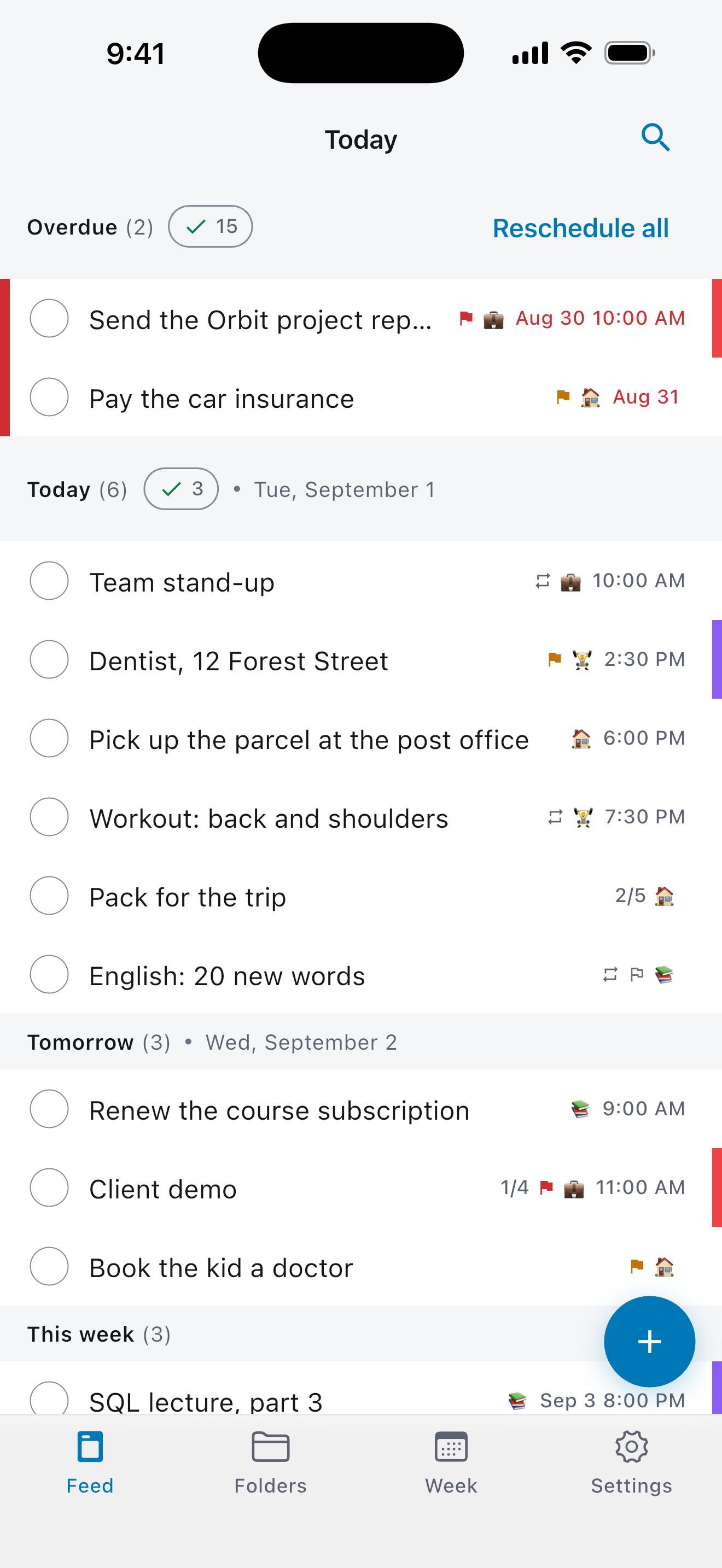 Just Plan day feed: overdue, today, tomorrow