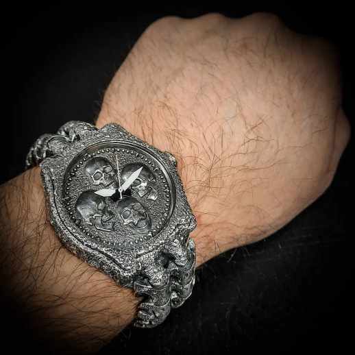серебряные часы с черепом, байкерские серебряные часы, массивные часы из серебра