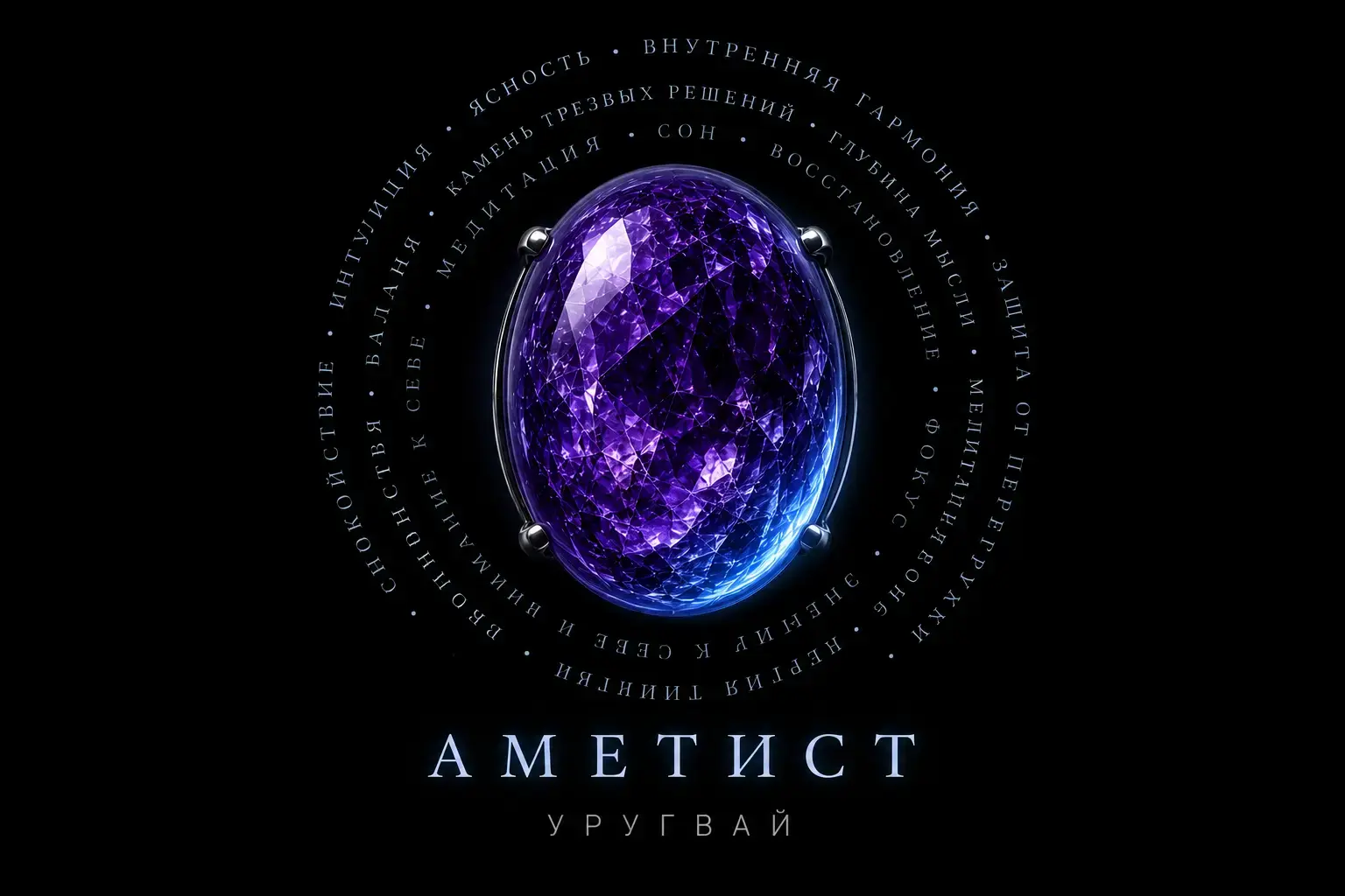 Превью кейса КРИСТАЛЛ аметист-кабошон парит на черном фоне синий у основания переходит в лиловый к центру с дымкой по краям вокруг камня оправа из слов текст обвивает камень