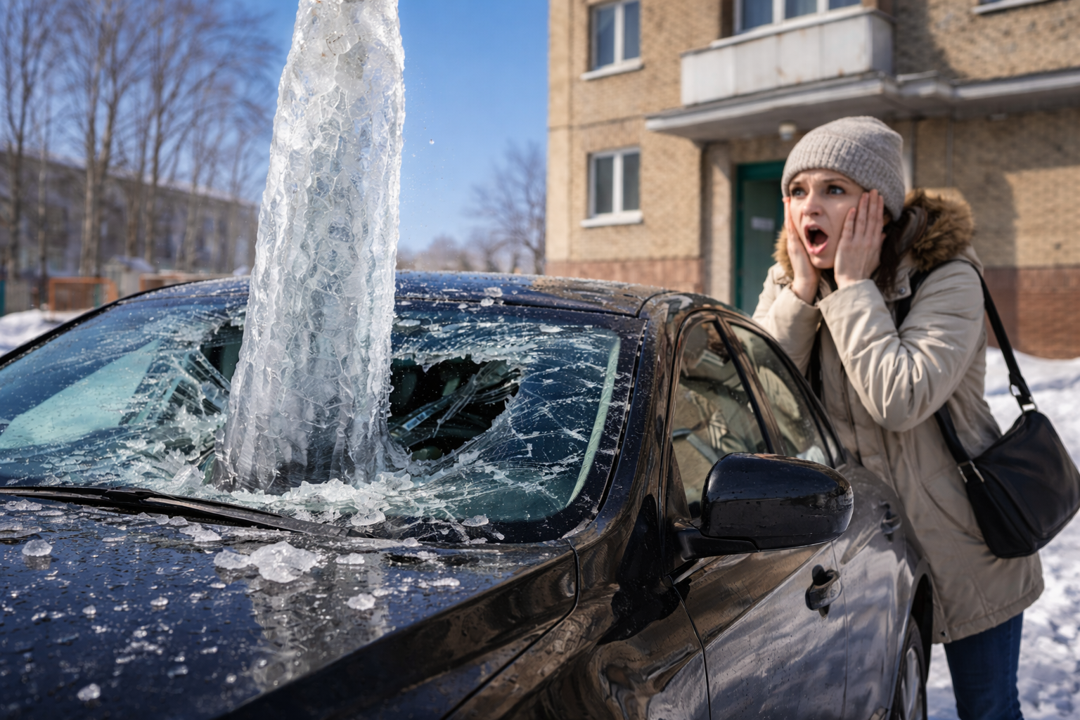 Сосулька упала на машину во дворе многоквартирного дома