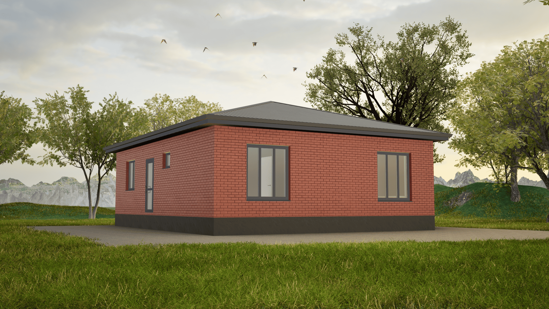 Одноэтажный дом в Ставрополе из красного кирпича с темными окнами, крытой террасой и темной крышей цвета серый графит