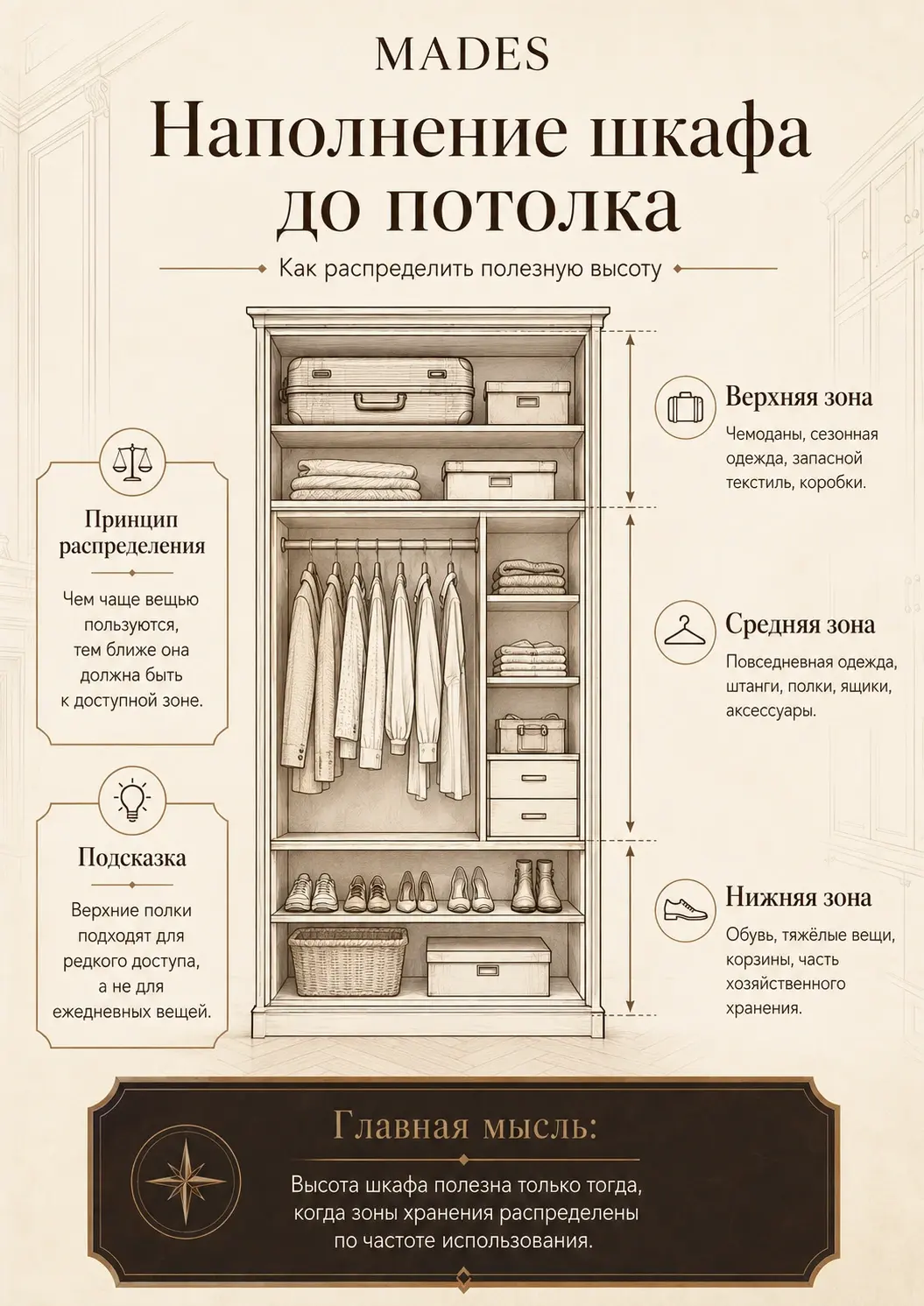 Наполнение шкафа до потолка: верхняя, средняя и нижняя зоны хранения