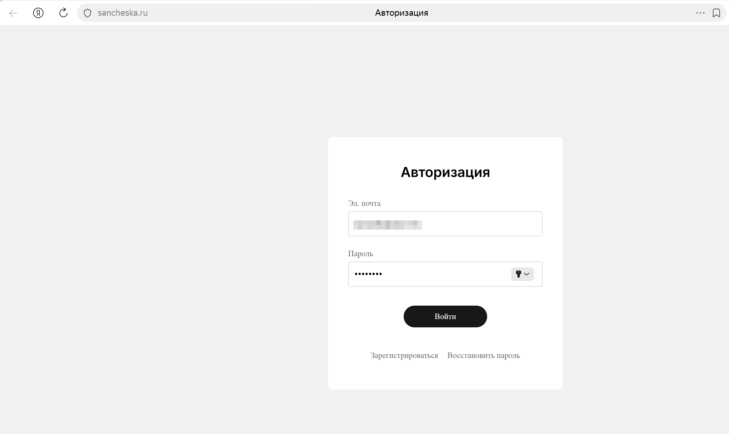 Заполненная форма авторизации с email и паролем, кнопка Войти
