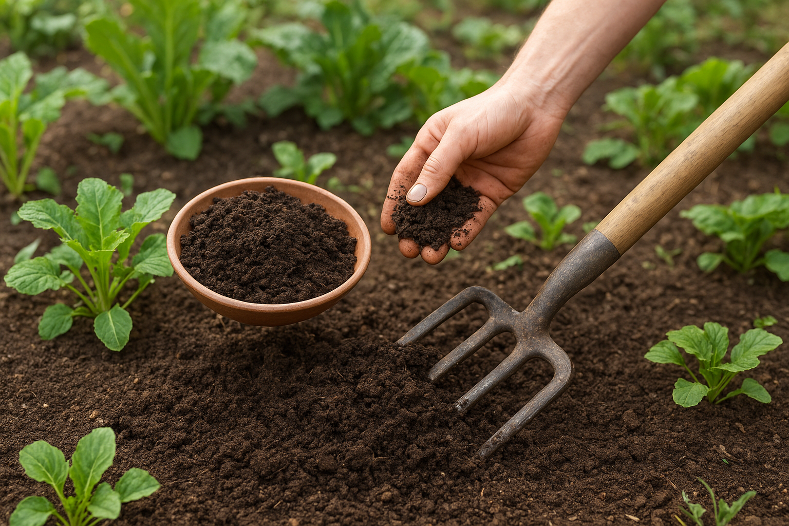 Hand holding compost above a bowl of dark, crumbly finished compost, with a garden fork beside freshly turned soil and young vegetable plants in a garden setting.