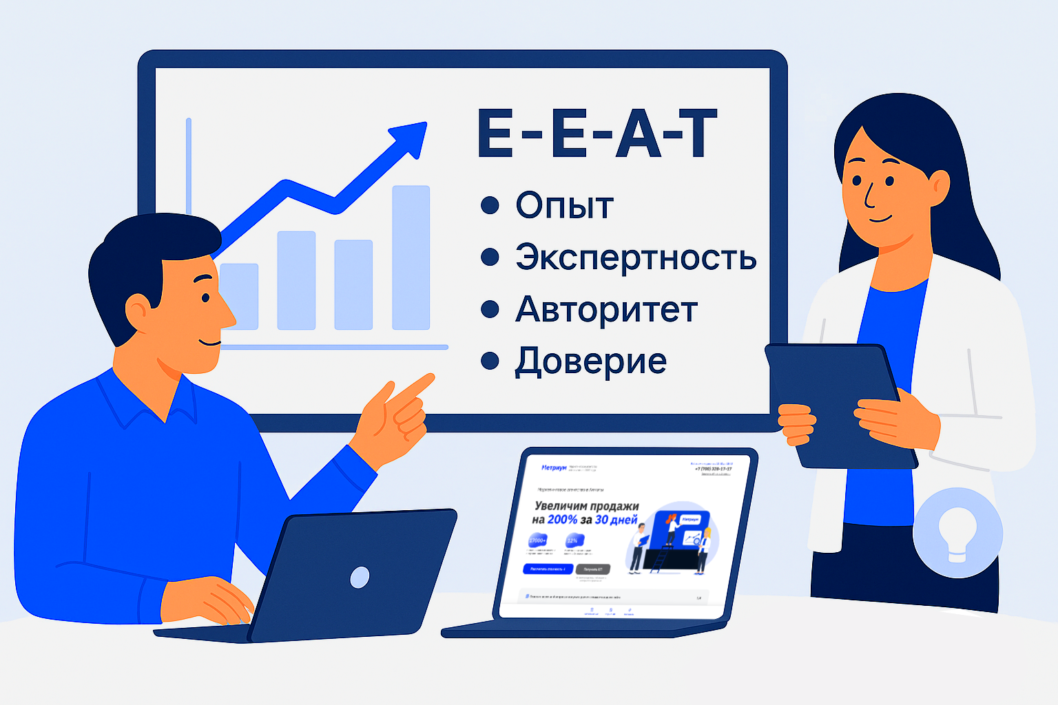 Эксперт объясняет E-E-A-T на графике роста позиций для SEO стратегия маркетингового агентства Метриум
