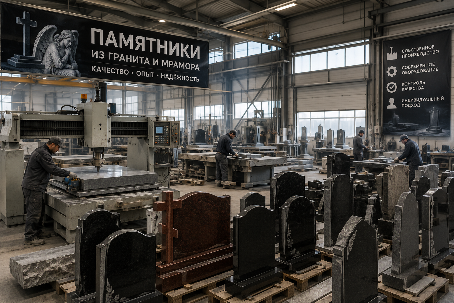 Производственный цех Бетон Камень: изготовление памятников из гранита и мрамора на современном оборудовании в Ижевске