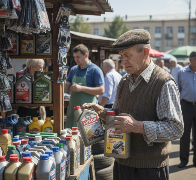 Дед на рынке выбирает масло моторное 