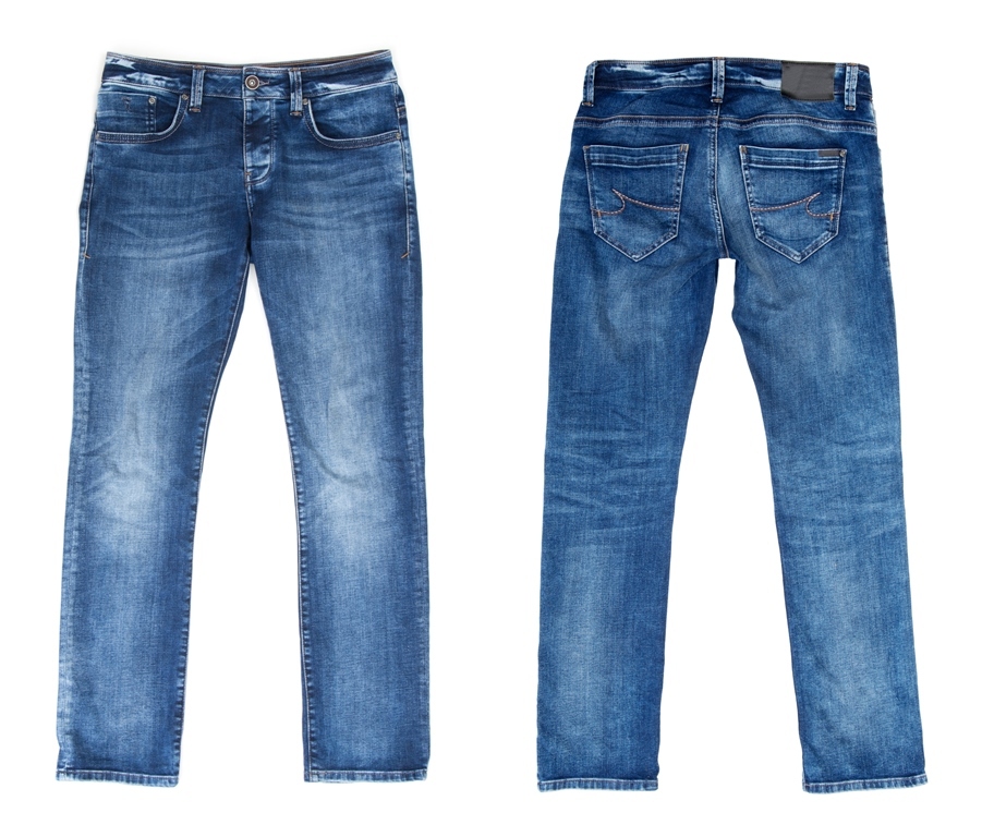 Front and back views of finished blue jeans showing waistband, rise, yoke, seat and leg shape