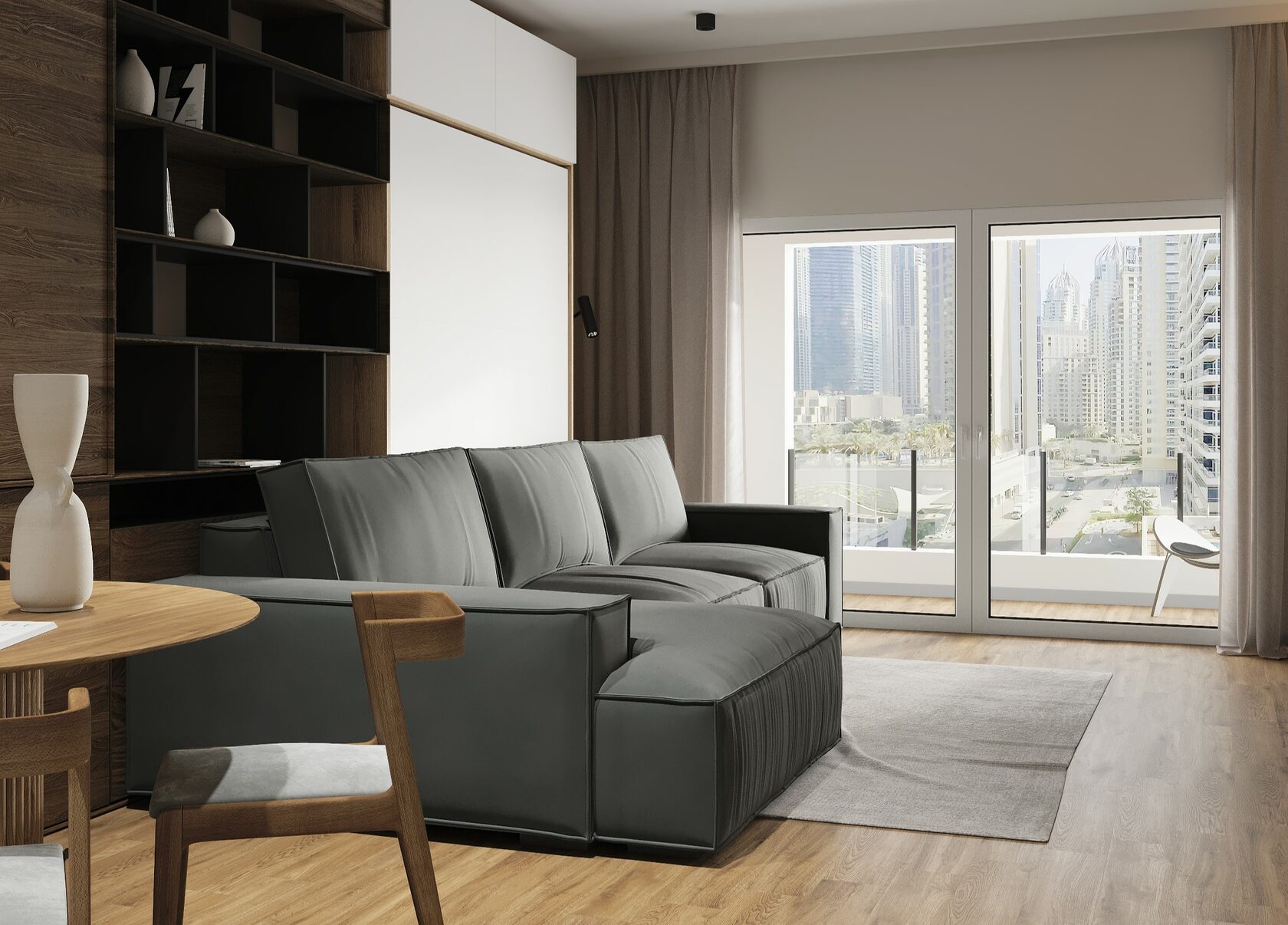 серый диван в интерьере квартиры в дубае дизайн