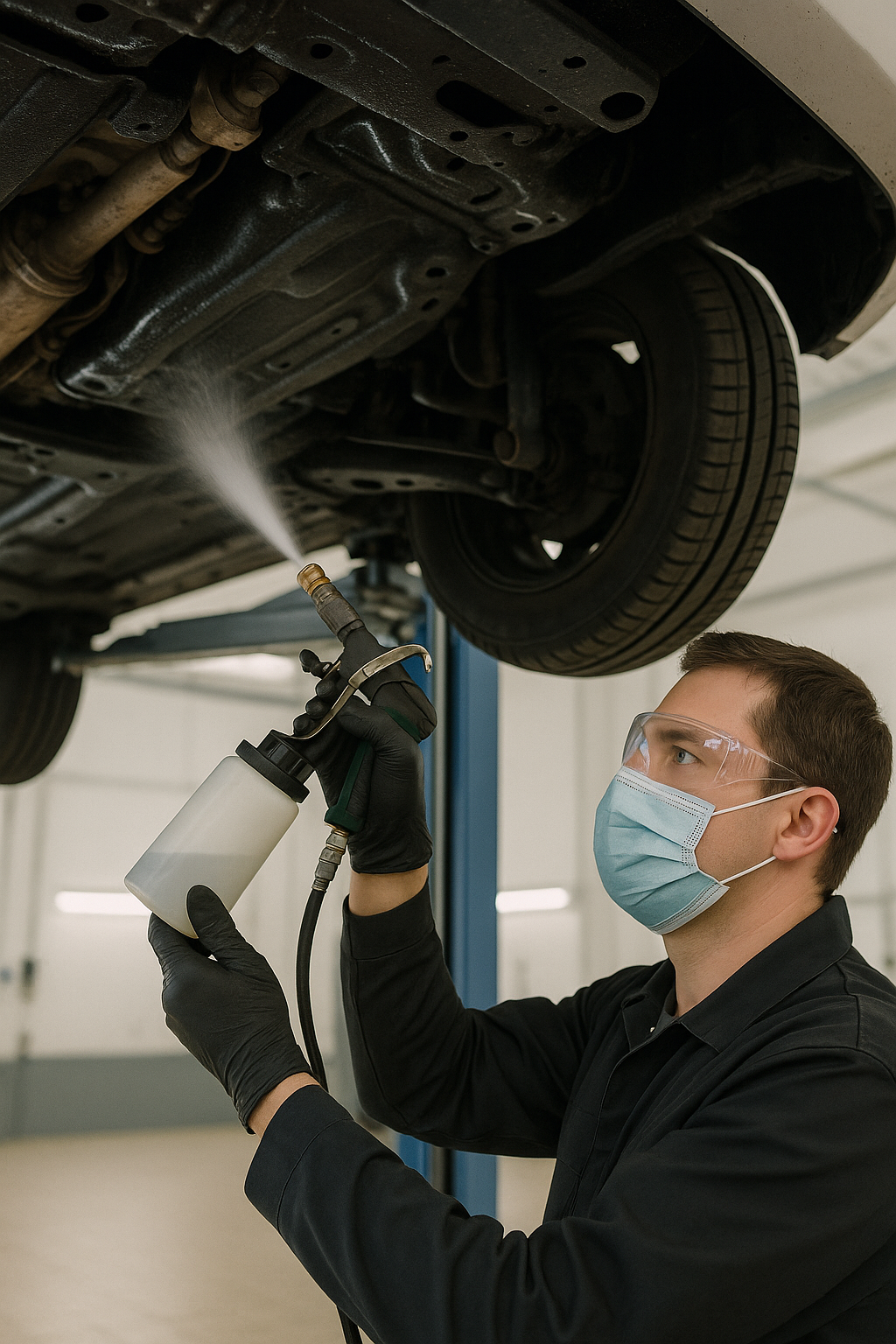 Специалист проводит антикоррозийную обработку днища автомобиля VAG, распыляя защитный состав.