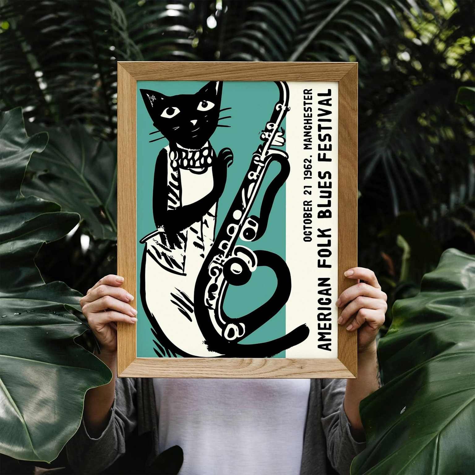 Постер American Folk Blues Festival, Манчестер, 21 октября 1962 года: чёрный кот с саксофоном