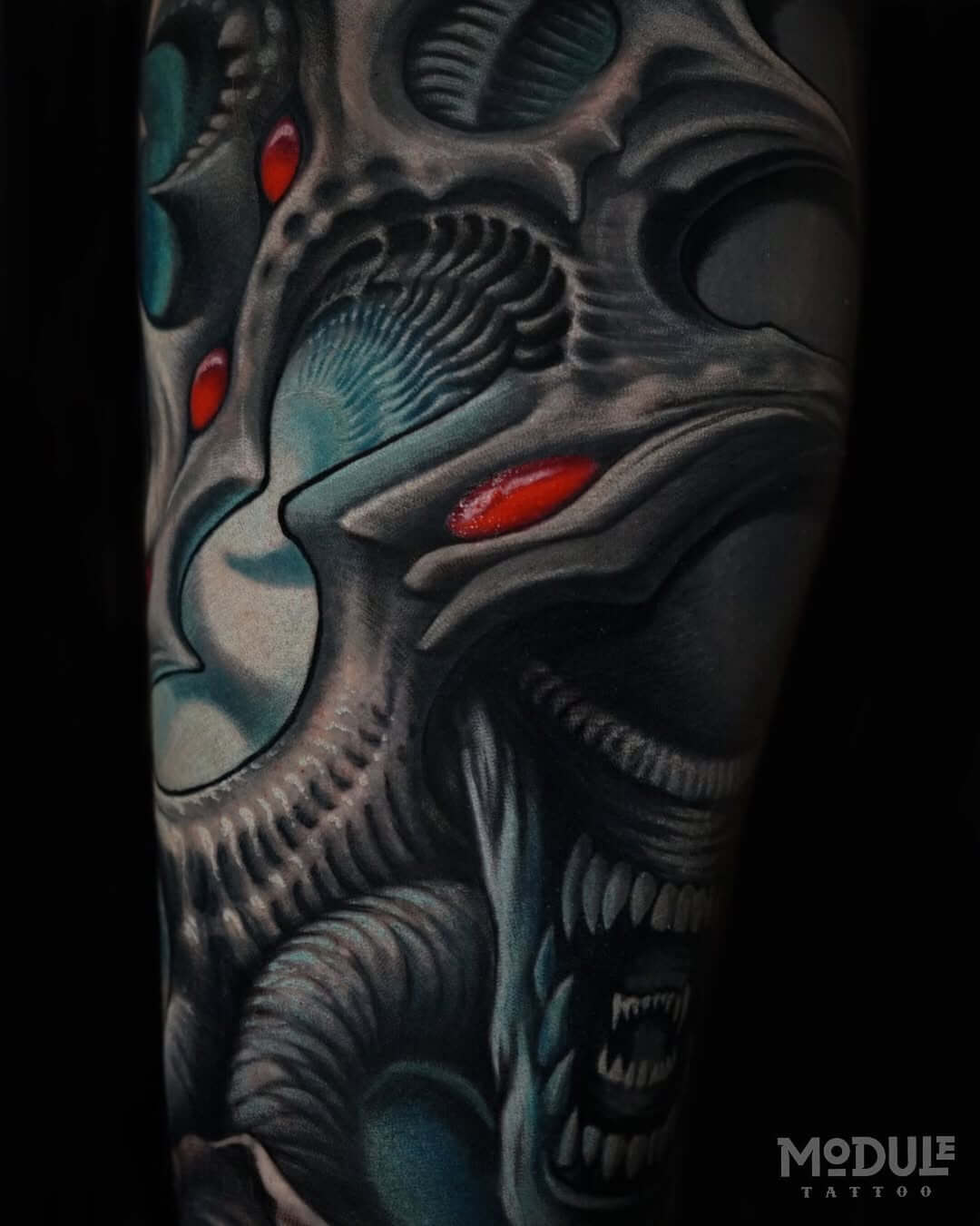 Organic-style tattoo inspired by the movie Aliens, by artist Rinat Mingazdinov, Los Angeles