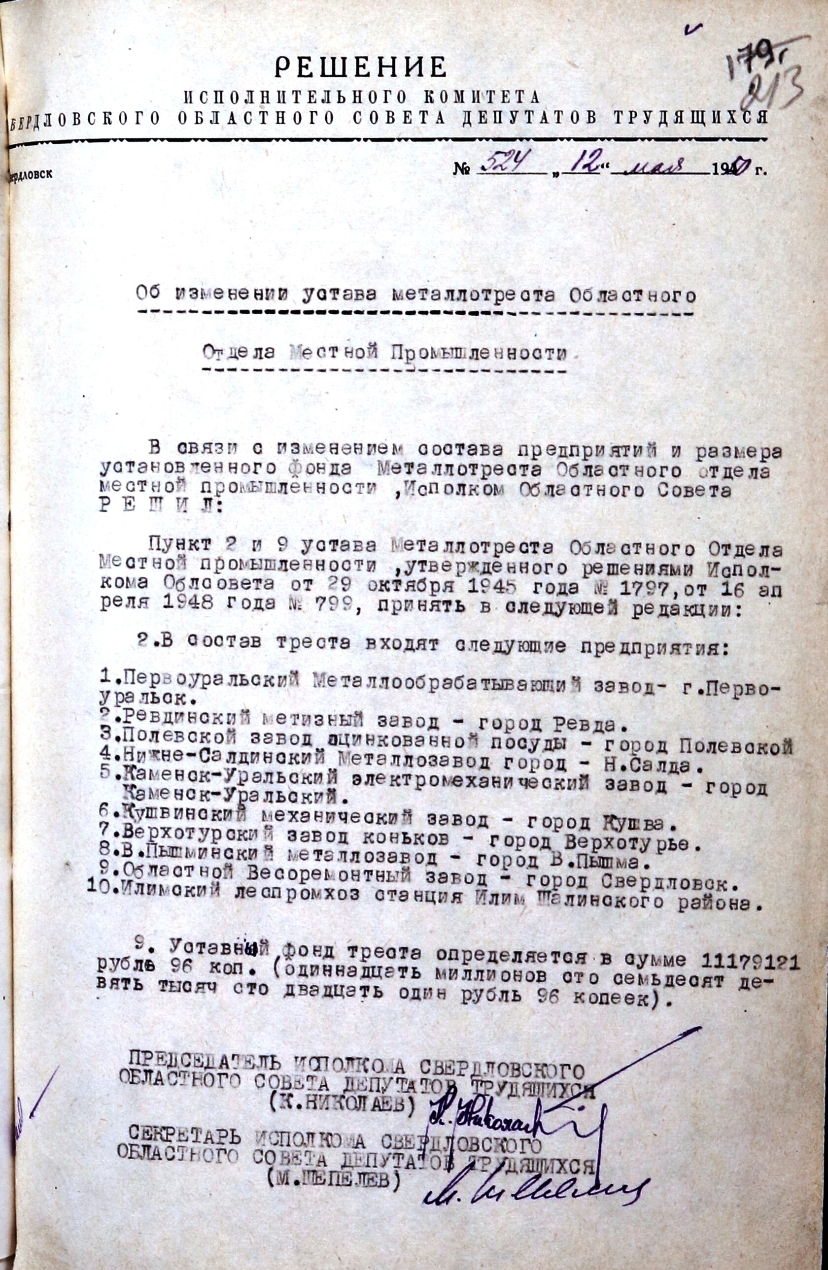 Решение № 524 от 12.05.1950 исполнительного комитета Свердловского областного Совета депутатов трудящихся "Об изменении устава металлотреста областного отдела местной промышленности".