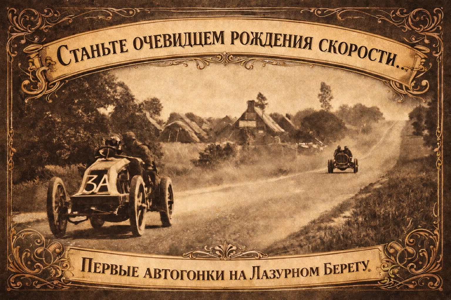 Винтажный постер автогонок на Лазурном берегу начала XX века: первые автомобильные соревнования в Ницце и Монако, ретро-автомобили мчатся по пыльной дороге, передавая атмосферу зарождения автоспорта и эпохи Ралли Монте-Карло