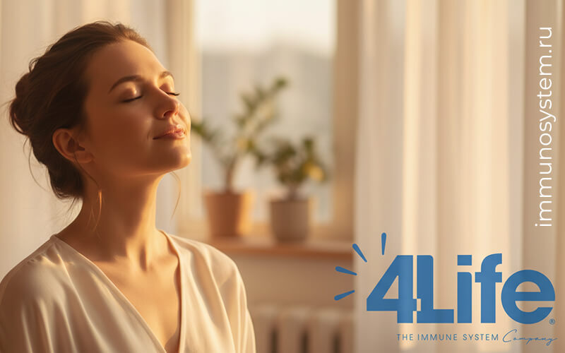 Женщина с закрытыми глазами у окна — витамин D и ощущение внутреннего спокойствия, поддержка иммунитета