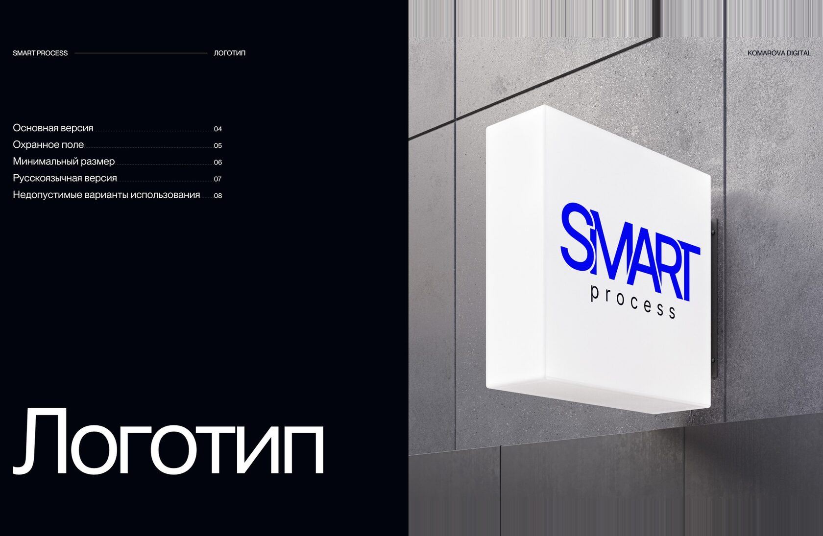 Логотип Smart Process на световой вывеске на стене офиса, разворот гайдбука фирменного стиля