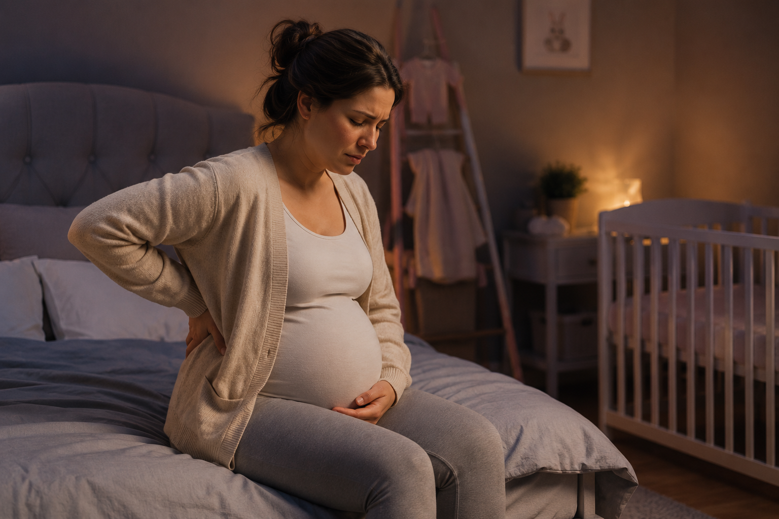 Young pregnant girl holding her belly and back while sitting on the edge of the bed