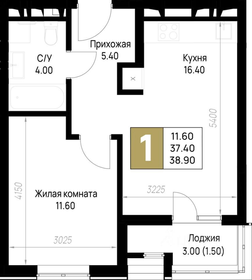 Планировка 1-комнатной квартиры 38.9 м²