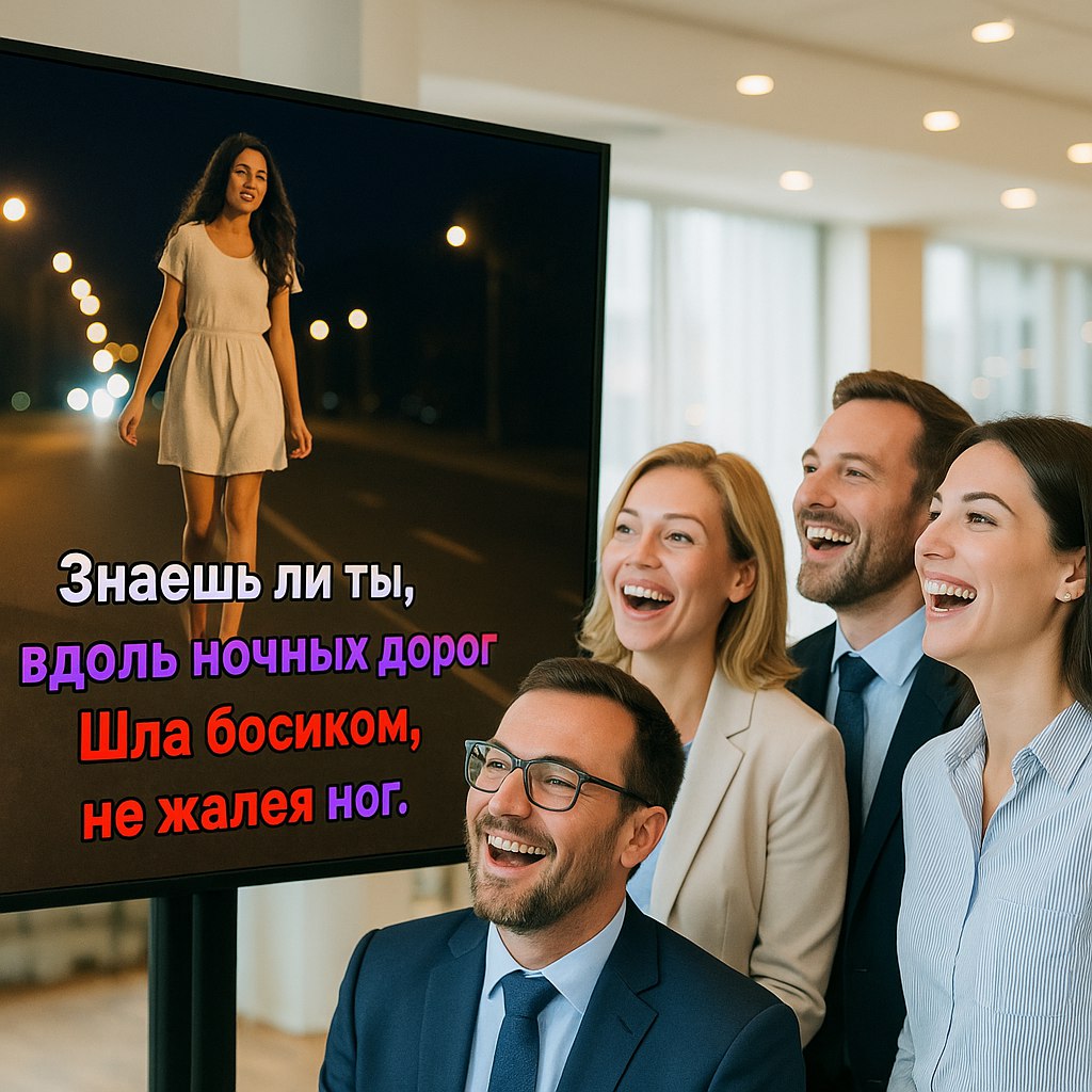 Коллеги смотрят корпоративный караоке-клип-монтаж на мероприятии