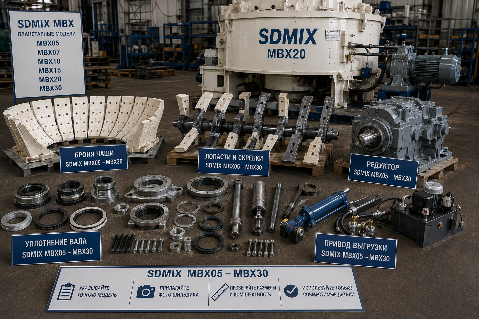 Запчасти SDMIX MBX05–MBX30: броня, лопасти и редуктор