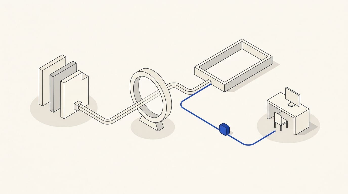 A document library linked through a lens to a bot, with a separate question routed to a workstation.