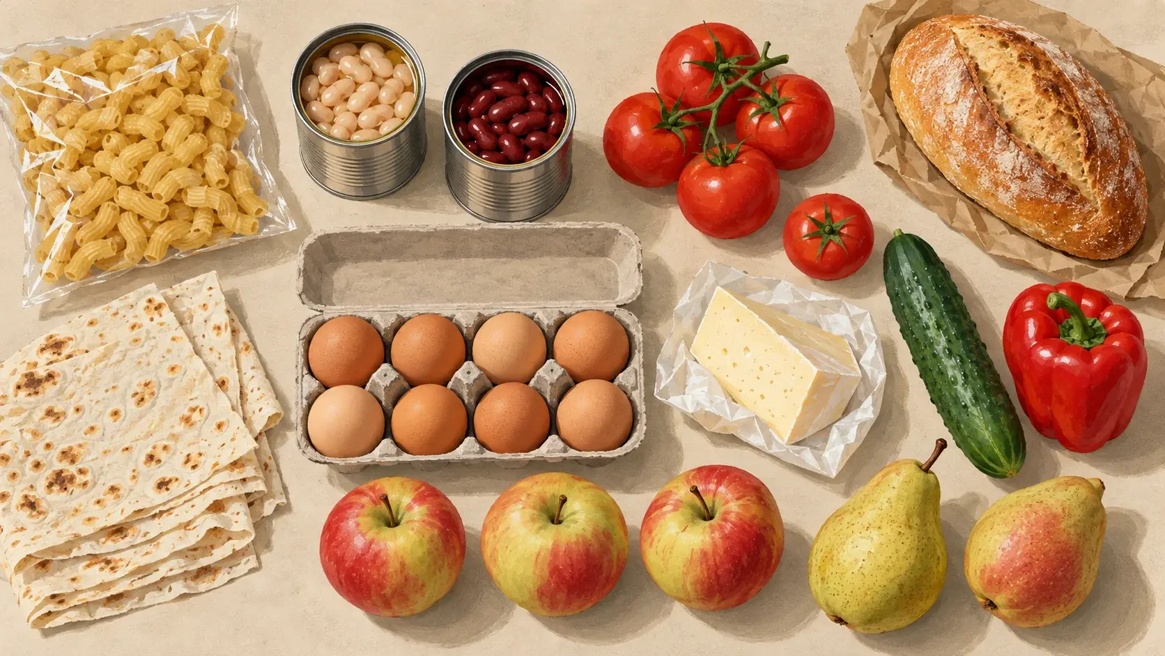 Редакционная иллюстрация: пример продуктов на два дня с одной ночёвкой