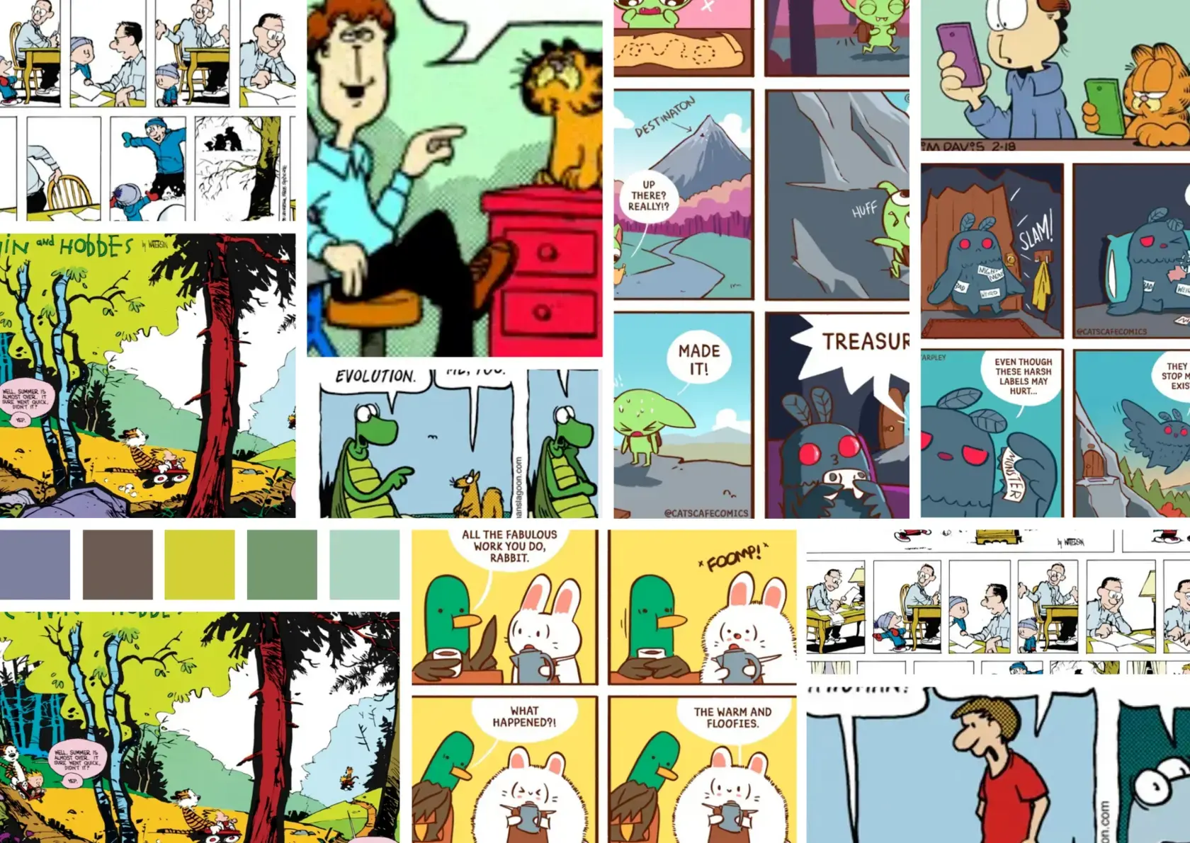 Коллаж популярных англоязычных комиксов — Garfield, Calvin and Hobbes, Cat’s Cafe, The Awkward Yeti. Пример, как визуальные истории и юмор помогают изучать английский язык.