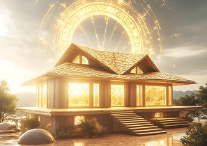 Современный дом с крышей и золотой летящей звездой в окружении природы, создающий атмосферу уюта и гармонии