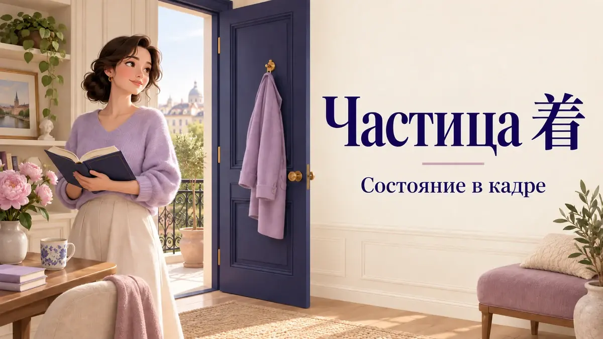 Женщина держит открытую книгу рядом с открытой дверью и висящим пальто: частица 着.