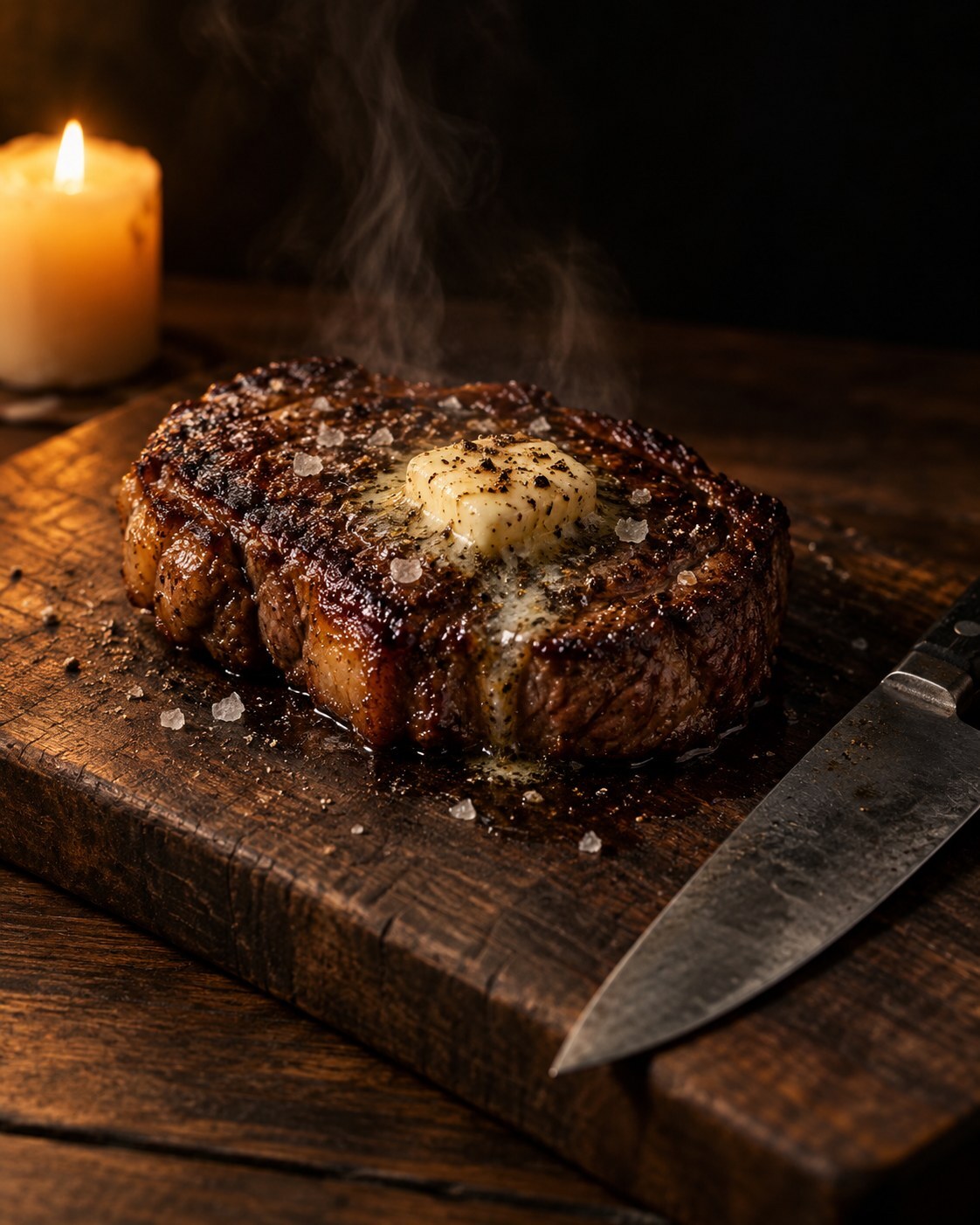 A seared steak resting on a wooden board with a pat of butter melting on top and flaky salt