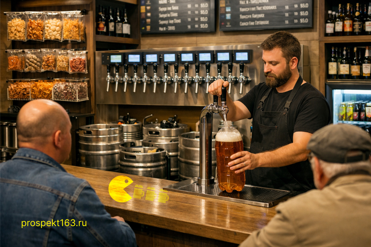 Продавец наливает пиво покупателям в магазине разливного пива в вечернее время