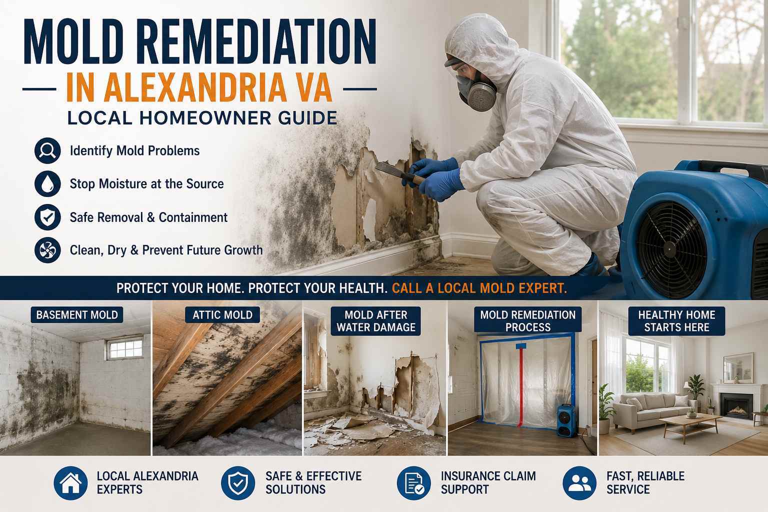Mold remediation in Alexandria VA with containment, moisture control, basement mold, attic mold, and water damage restoration process by Total Home Rescue.