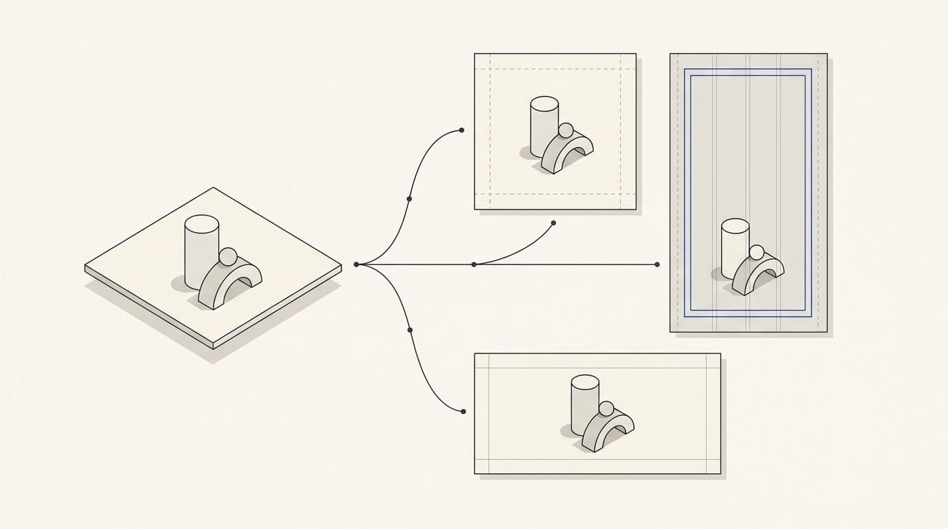 One ad layout adapted into square, vertical and wide frames with safe margins.