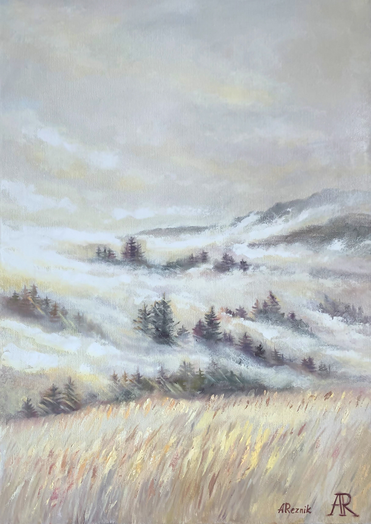 Interior painting, oil on canvas, oil painting, landscape, mountains, forest, forest landscape, author's painting, sunset, sun rays, fog, foggy mountains, forest in fog, ocher, yellow