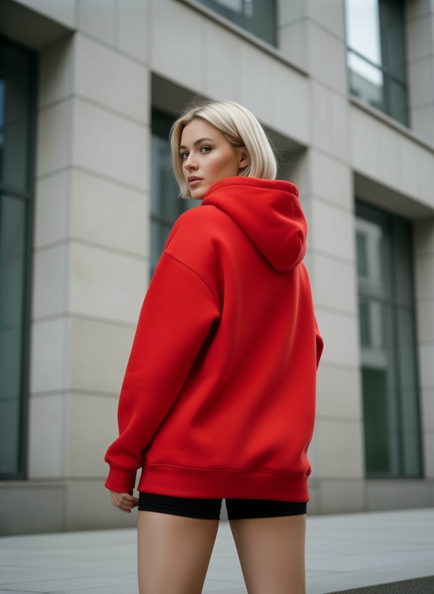 генерация фото для красного худи девушка на улице