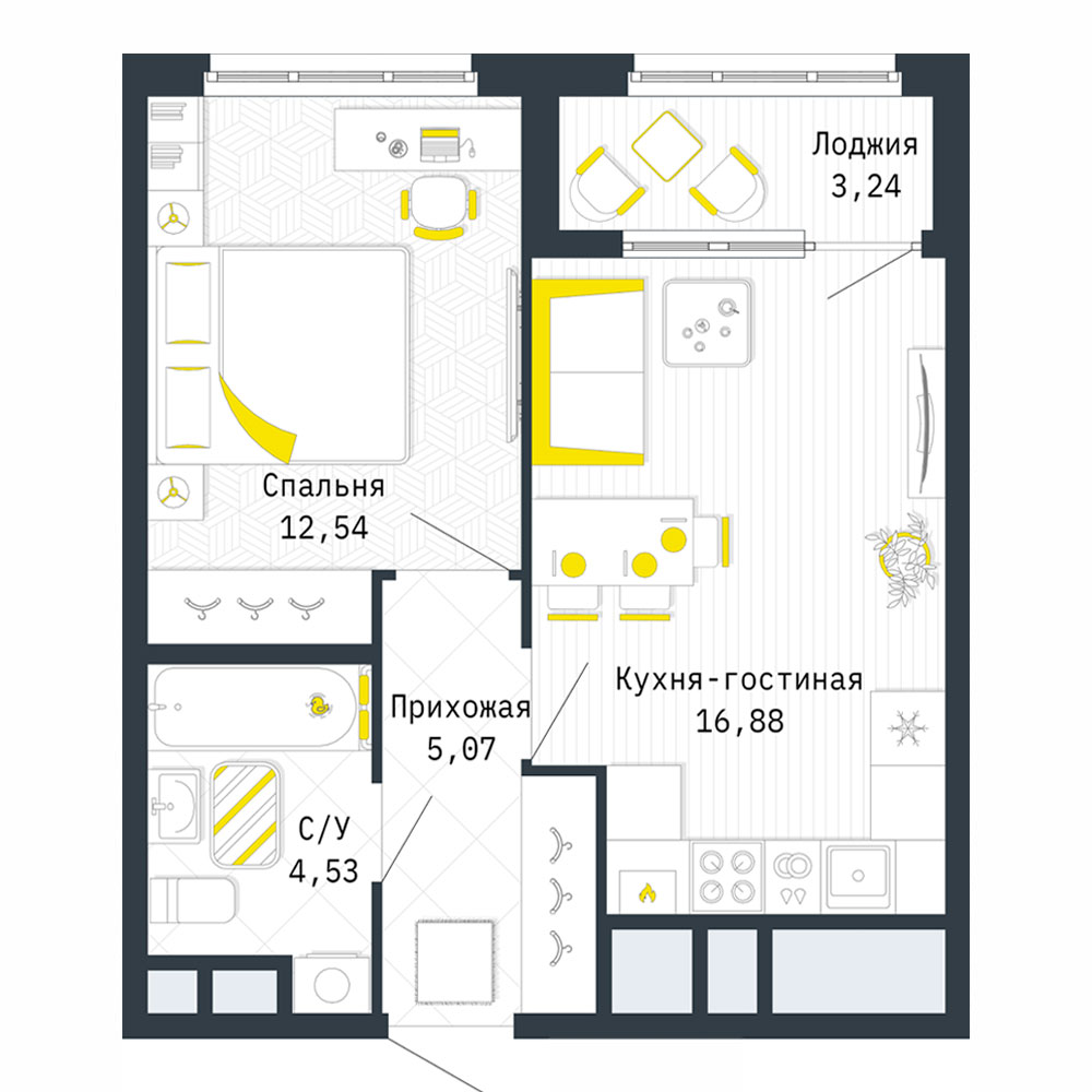 1-комнатная квартира 1А в ЖК «КОСМОС» от застройщика ГК «Единство»