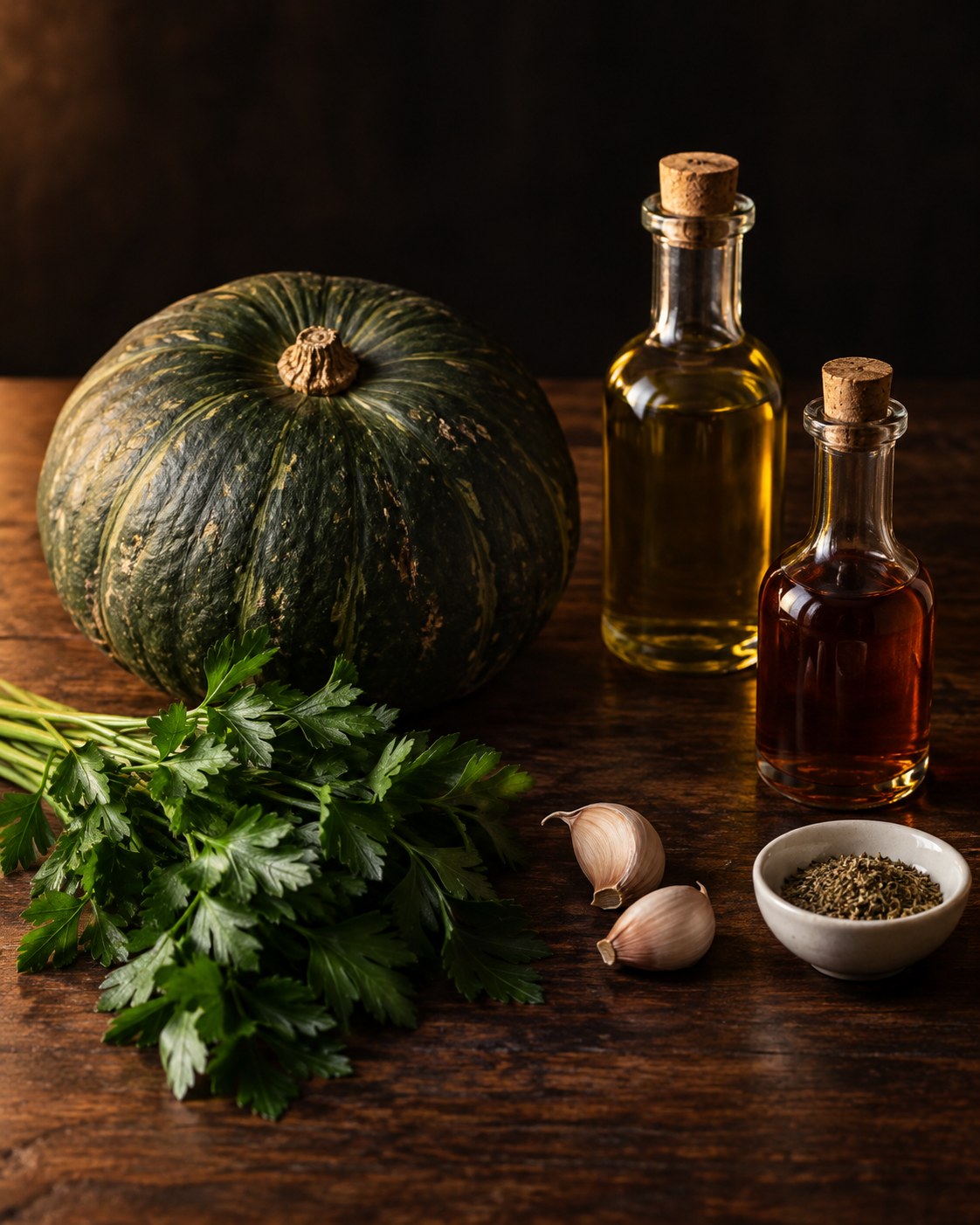 Six ingredients for kabocha squash steaks: a whole kabocha squash, extra virgin olive oil, flat-leaf parsley, two garlic cloves, sherry vinegar and dried oregano on a dark wood table