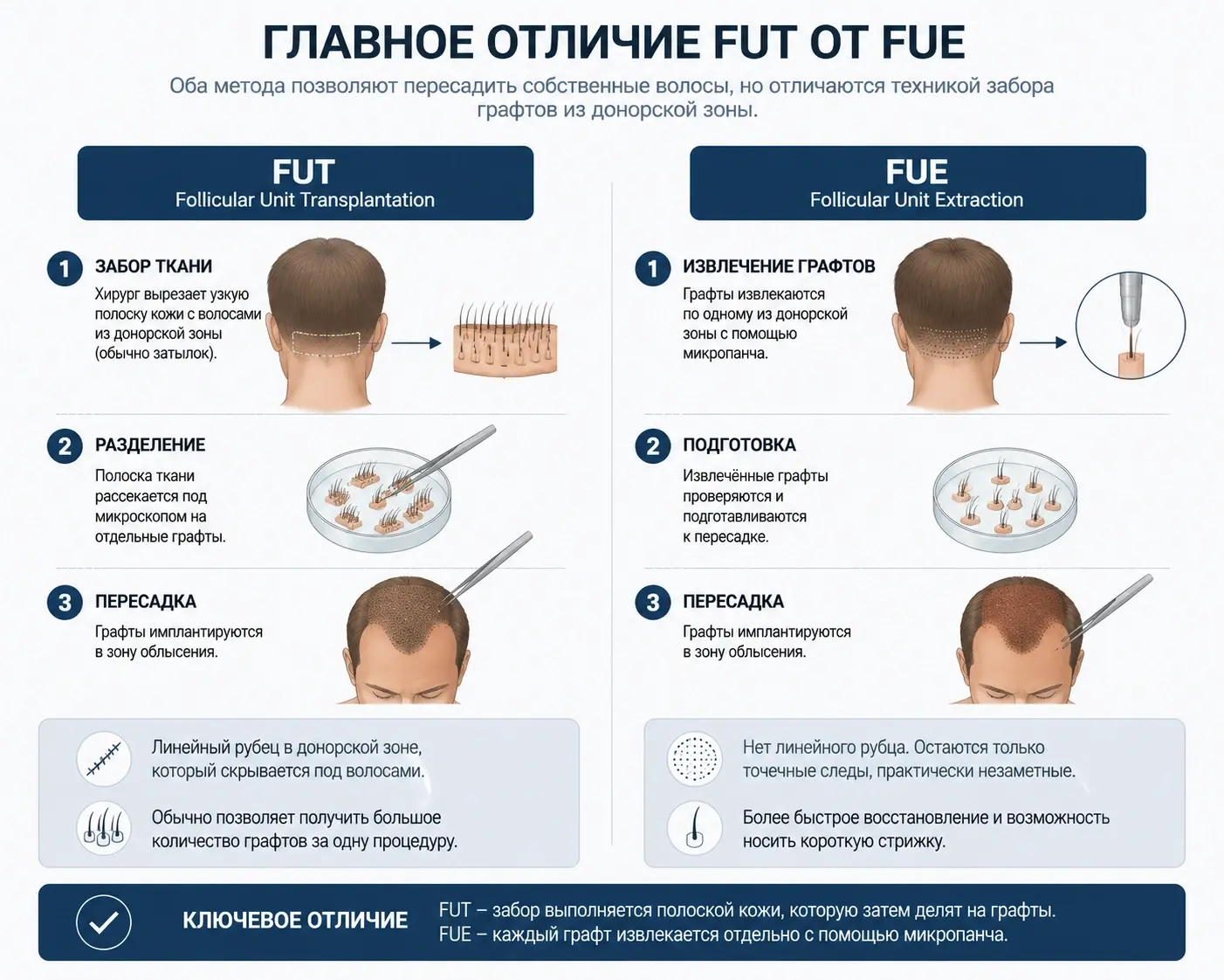 FUT и FUE - главное отличие методов пересадки волос