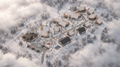 Мастер-план загородного отеля в Шерегеше с высоты птичьего полёта, посёлок среди заснеженных елей