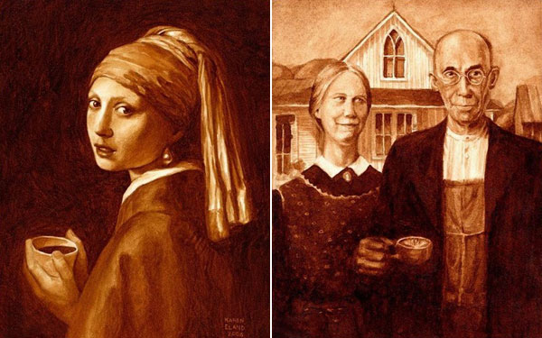 coffee art, Mona Latte, painted using only coffee, drinking coffee, coffee break, Mona Lisa, Mona Latte, latte, espress. Coffee