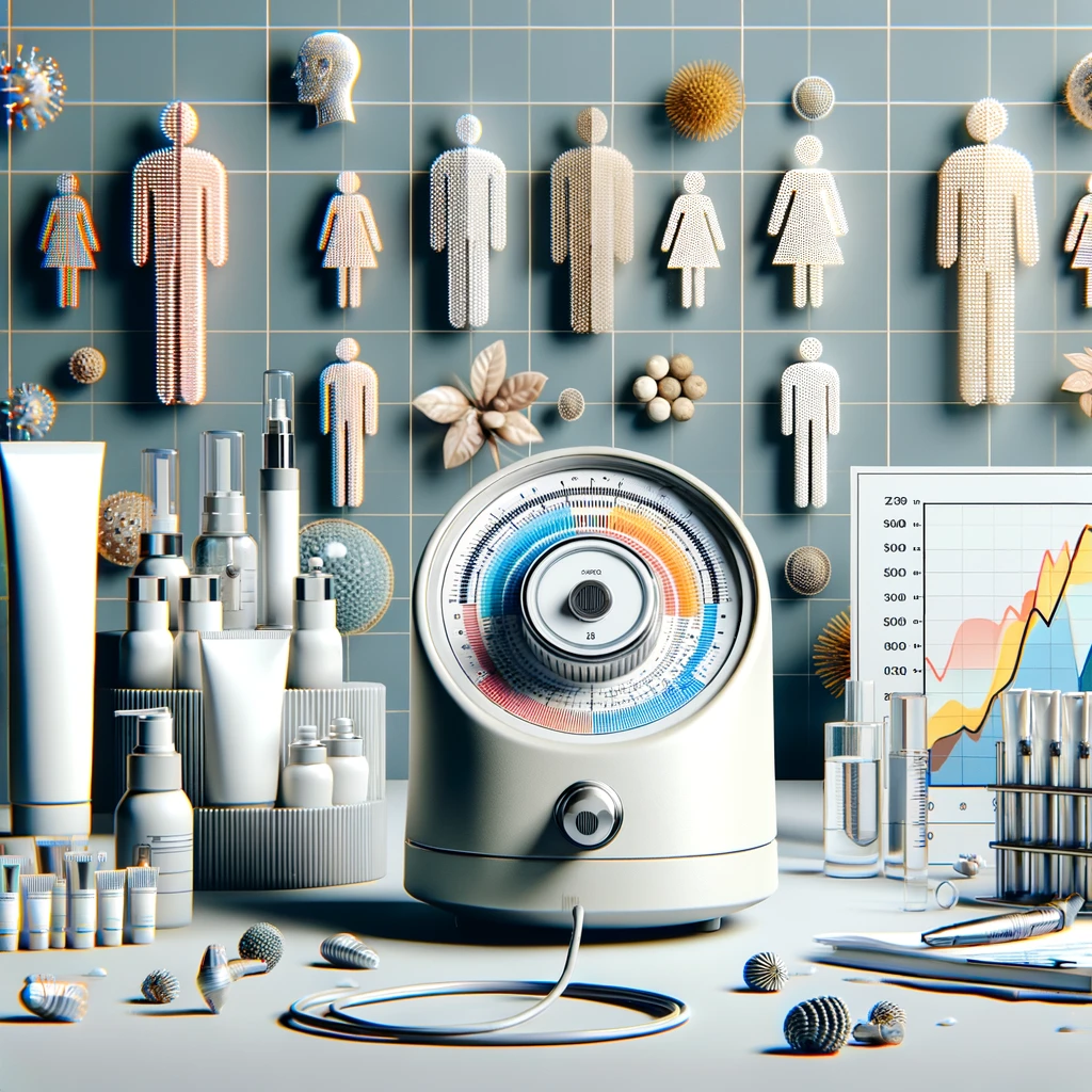 A detailed scientific laboratory setting focused on skincare research. The foreground prominently features a variety of moisturizing creams displayed next to sophisticated electronic devices used for measuring skin's susceptibility. In the blurred background, silhouettes of researchers analyzing data can be seen. The center of the image showcases charts and tables that represent the hydration levels of skin across different age groups and genders, emphasizing the results rather than the individuals. The scene conveys a professional, technical atmosphere, pertinent to skincare product efficacy testing.