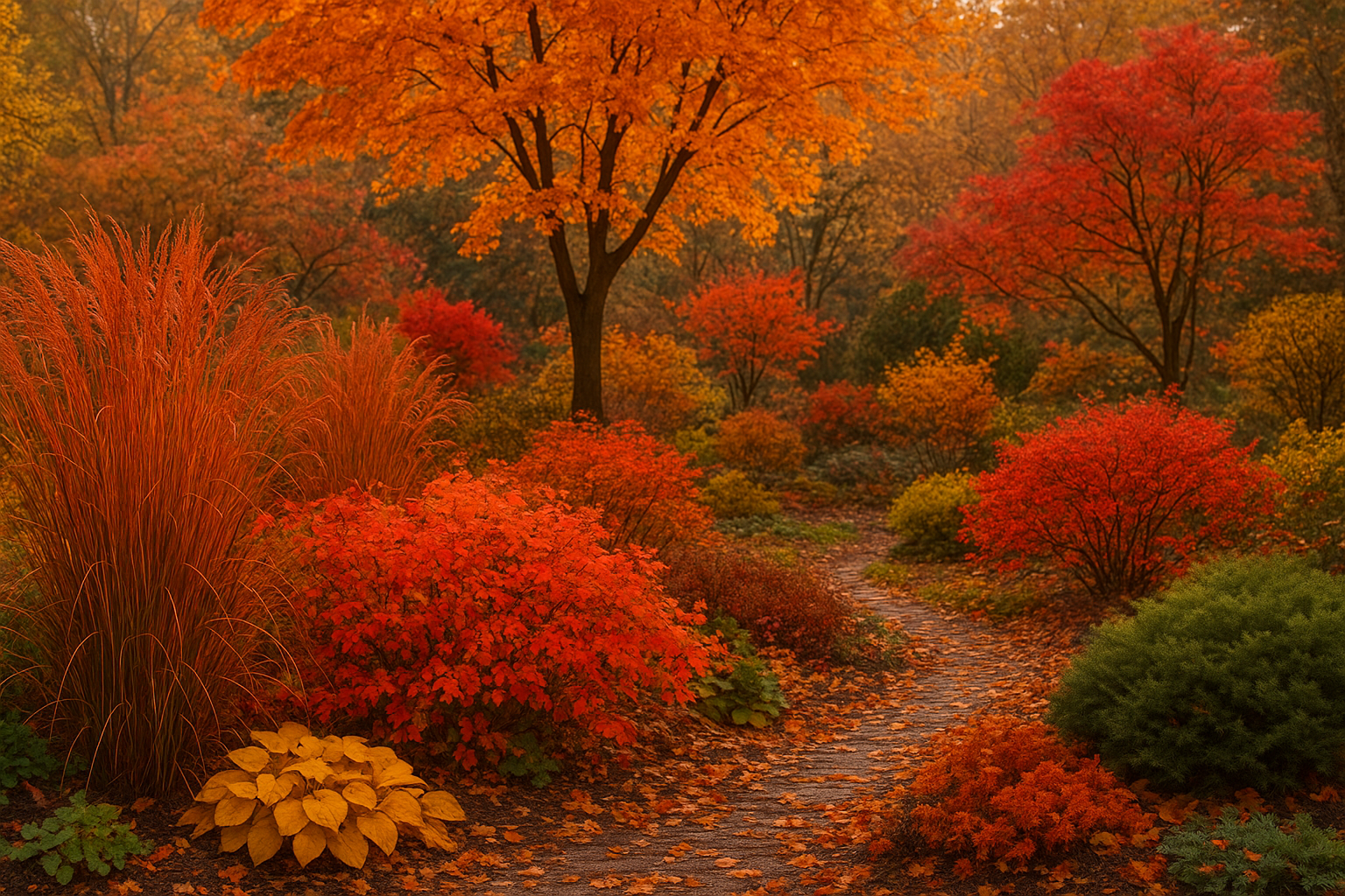 Осенняя фотозона в саду с аркой, украшенной гирляндами и листьями