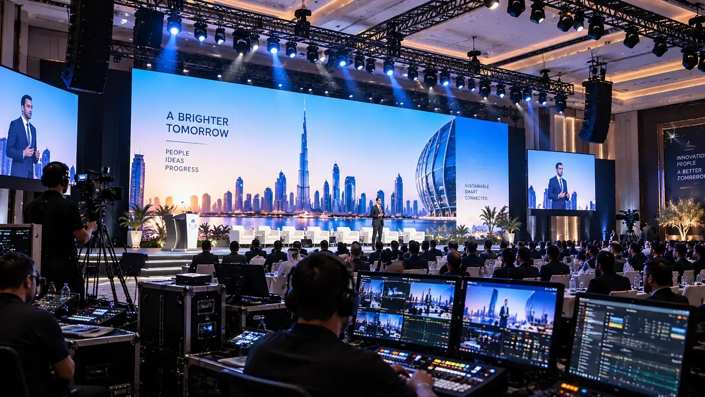 Conference stage with LED backdrop and technical crew at the control desks