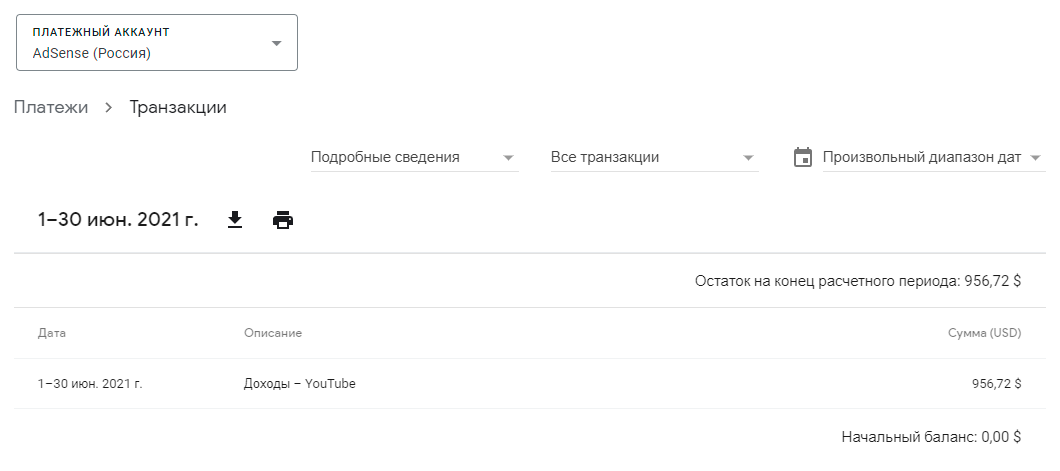 Adsense. Результат заработка на американском ютуб