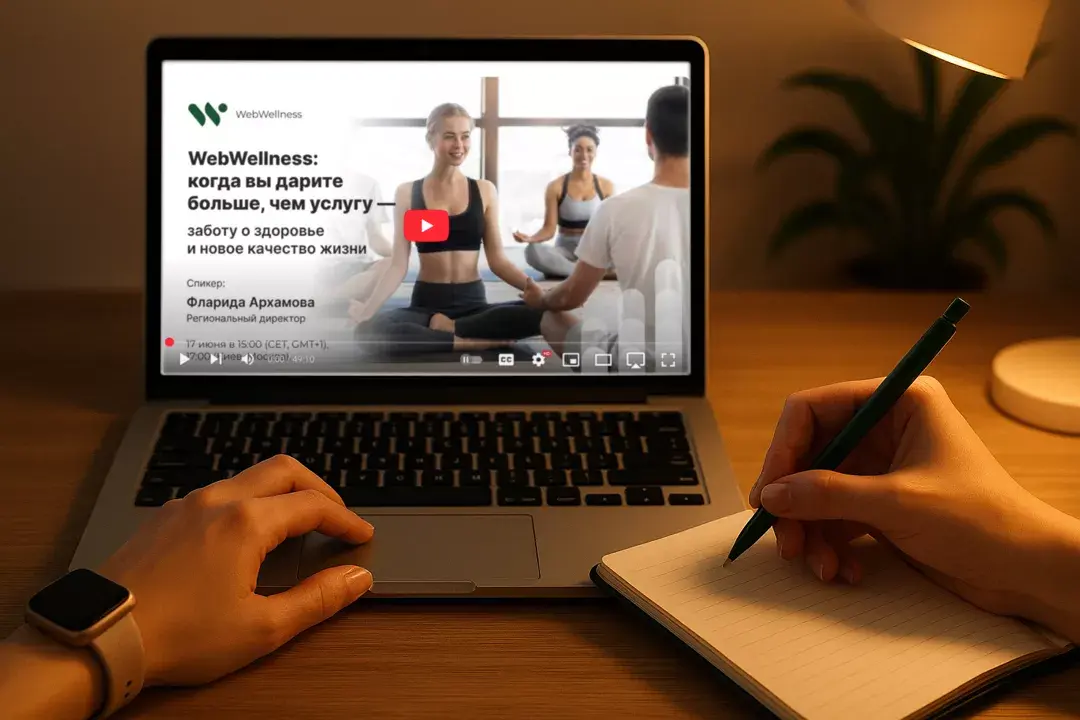 Экран ноубтука с вебинаром БРТ WebWebWellness